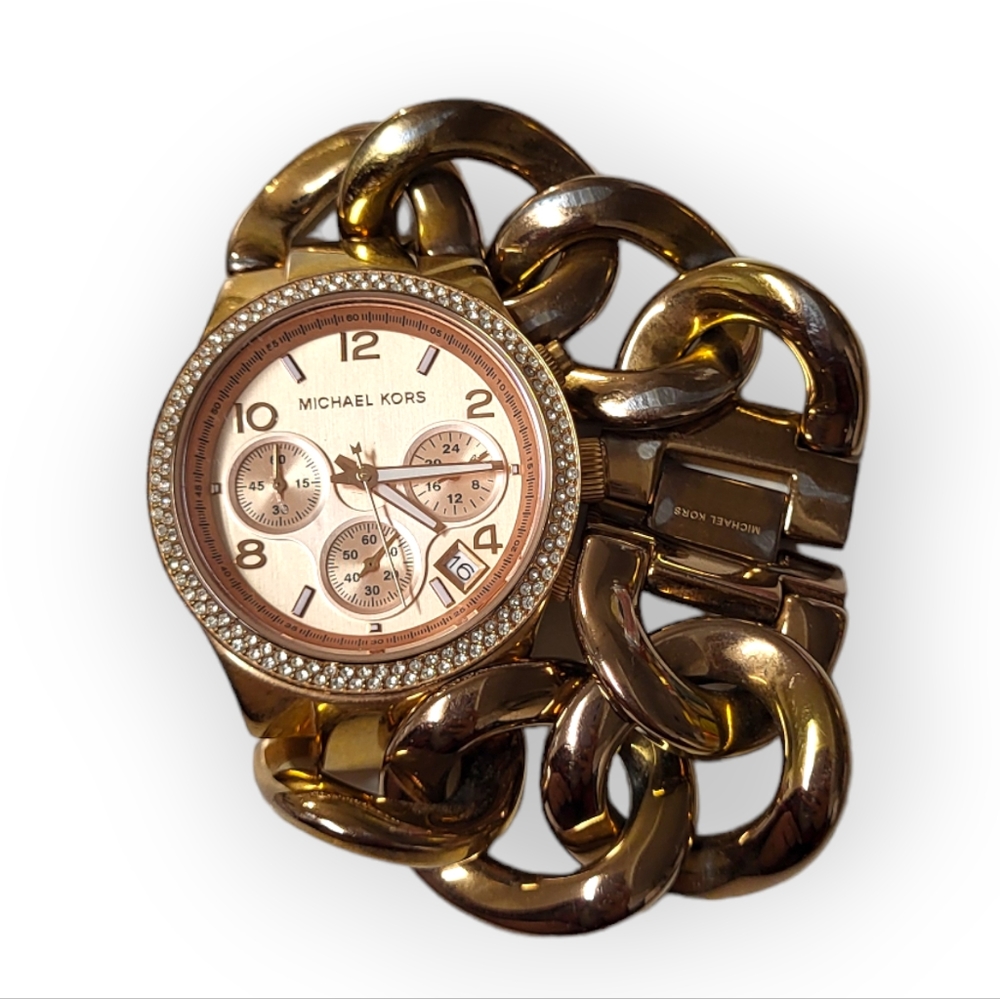 Michael Kors Runway Rose Gold Dial Gold Strap Rhinestone Watch MK3427